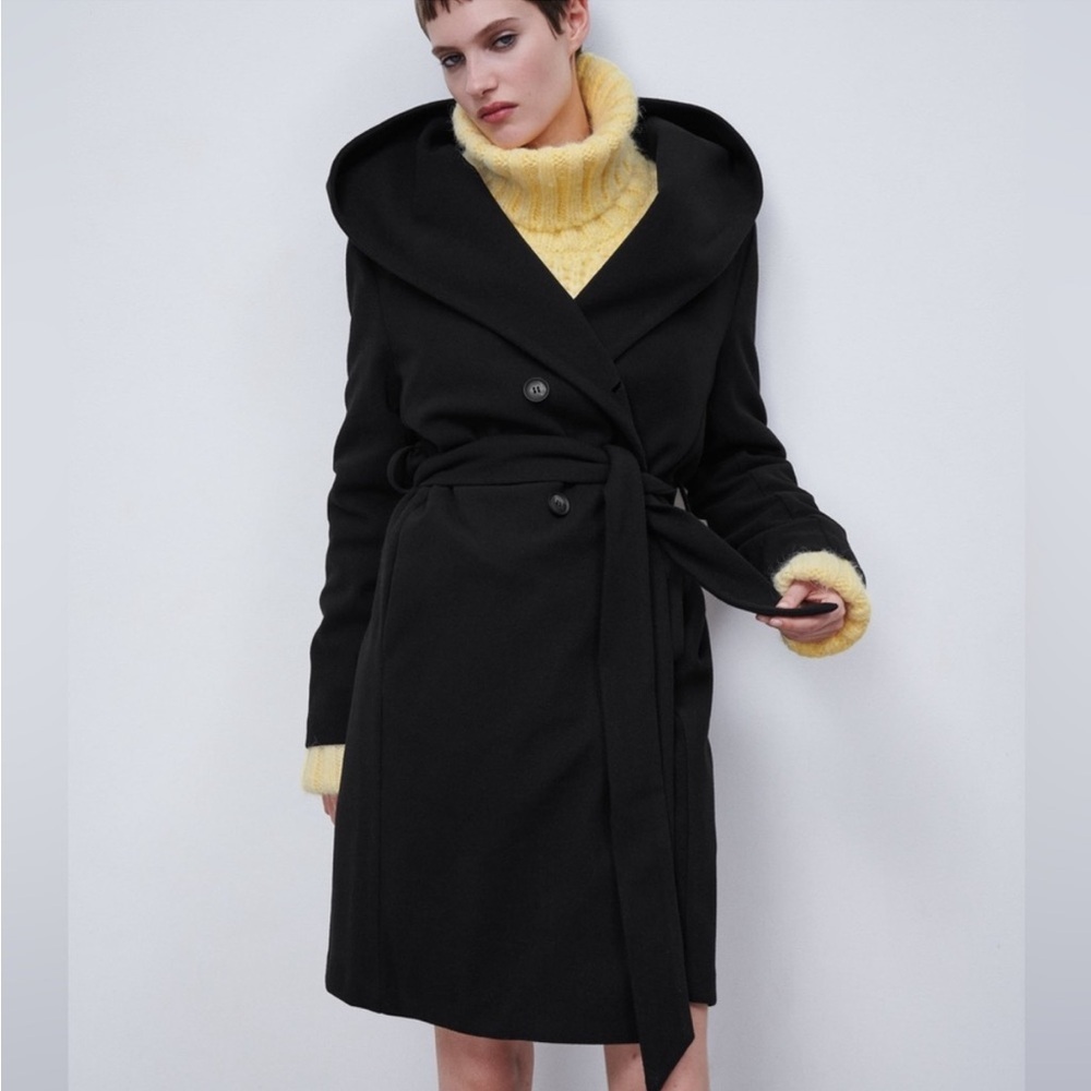 Zara Black Double-Breasted Coat With Hood Size S - Picture 2 of 5